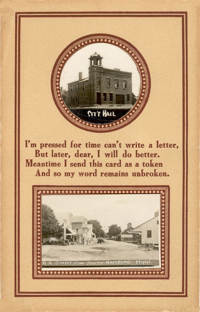 Postcard showing a street scene and City Hall